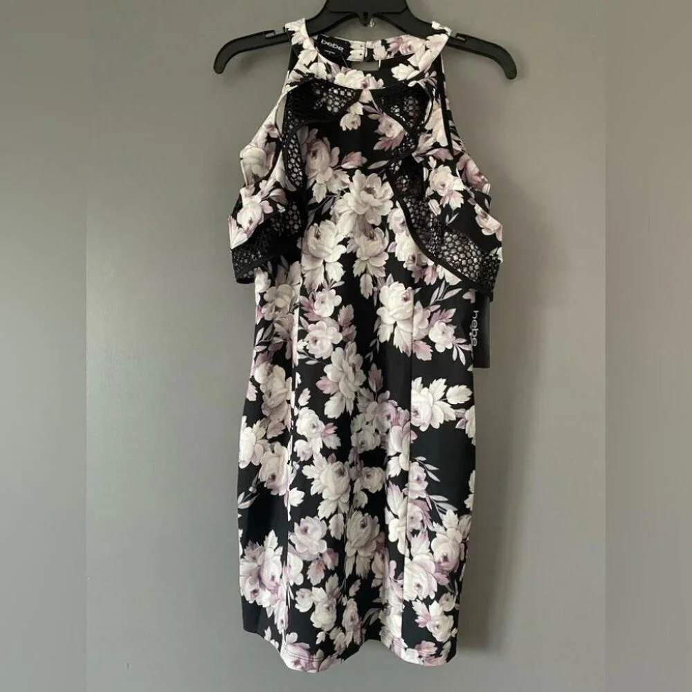 Bebe Black Floral Lace Cold Shoulder Mini Dress Size 10 NWT Bodycon - Picture 2 of 16